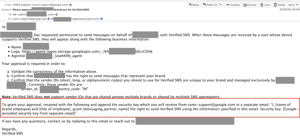 Google Verified SMS Sample EMail