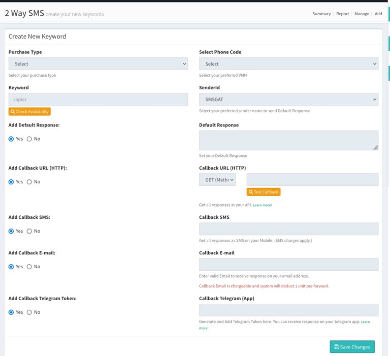 Create New Keyword for Two Way SMS with a Long code
