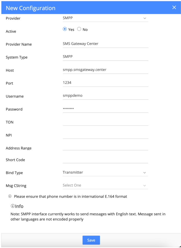 vtiger SMPP SMS Config 3