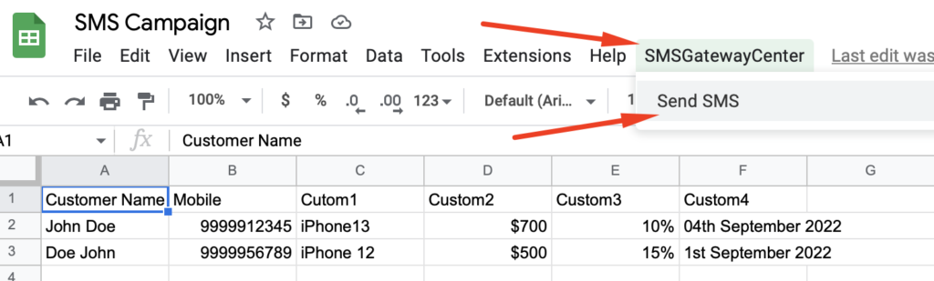 SMSGatewayCenter Menu Google Sheet