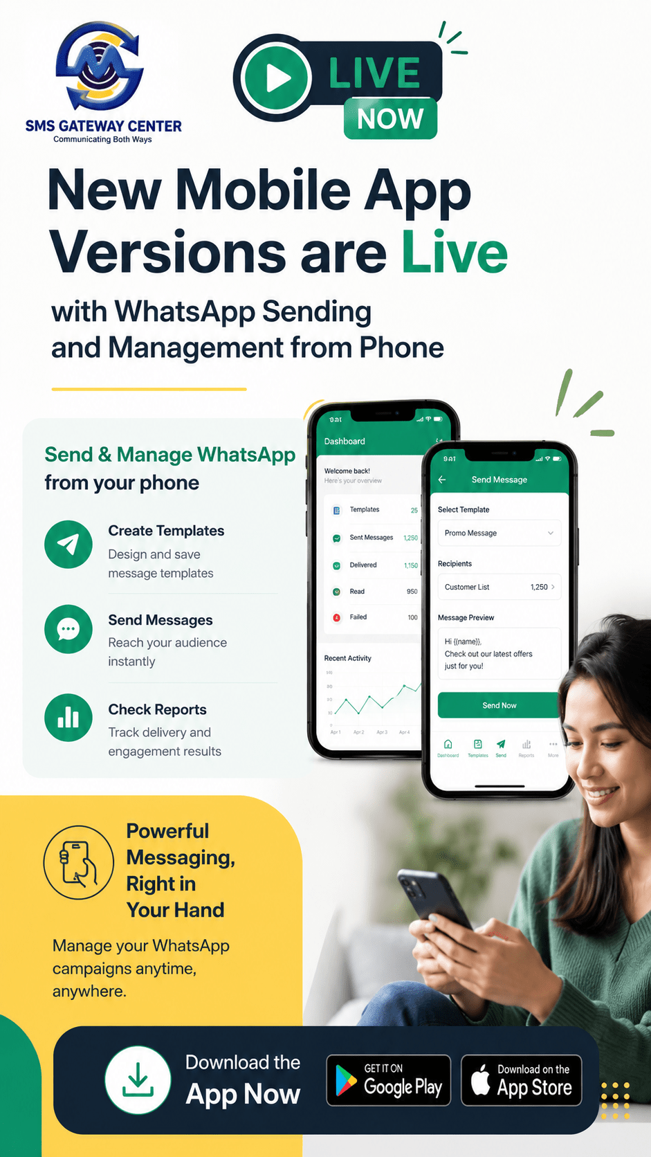 Featured image for Send and Manage WhatsApp from Your Phone: New SMSGatewayCenter Mobile App Update