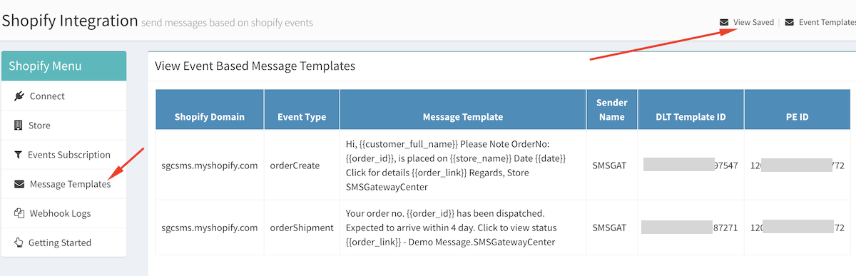 View Saved Events Message Templates